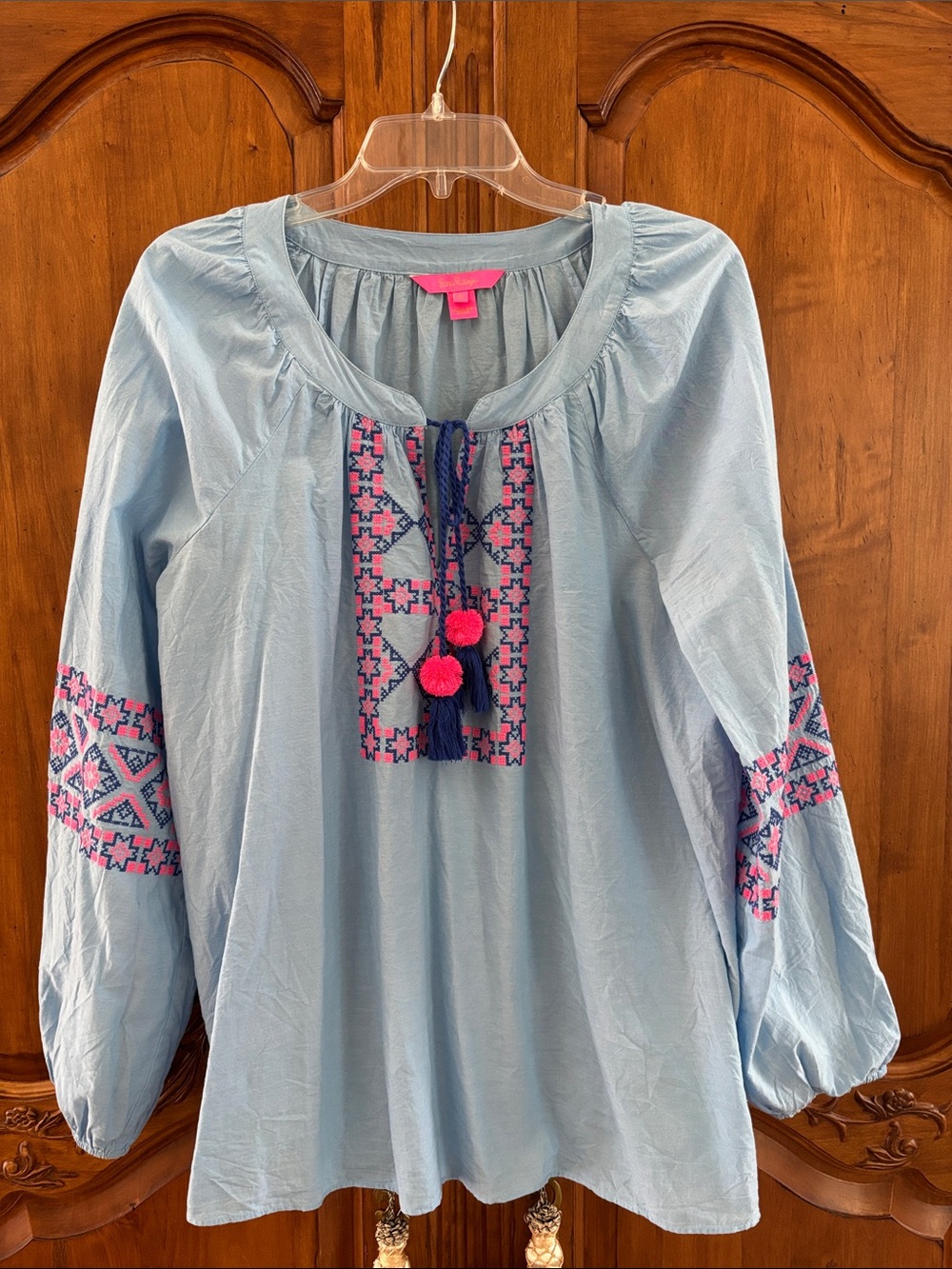 Lilly Pulitzer Blue Embroidered Peasant Top with Pink Accents